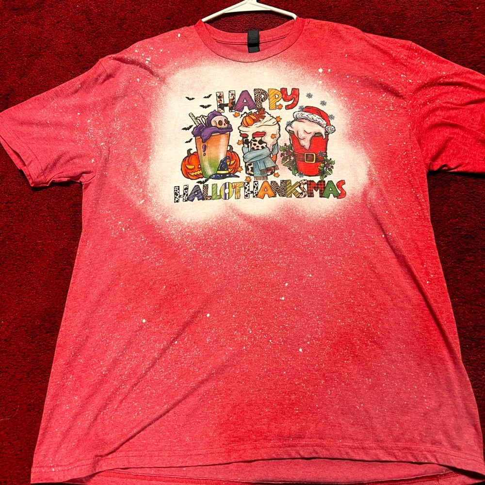 Custom graphic bleach splatter shirt: happy hallowthankmas!